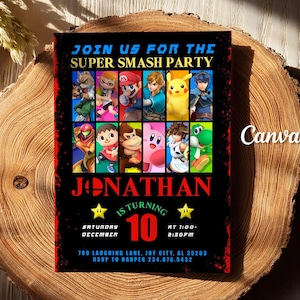 Printable Smash Bros invitation, Fighting Birthday invite, editable invitation, girl birthday, Smash Brothers Party, Video Game Invitation