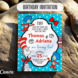 May include: A birthday invitation with a blue polka dot background featuring characters from a children's book. The invitation includes the text "BIRTHDAY INVITATION", the names "Thomas & Adriana", and the date "October 25".
