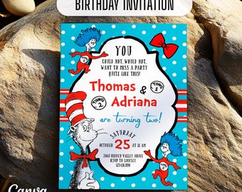 Invitation d'anniversaire du Dr Seuss, invitation imprimable de conte de fées, modèle d'invitation de fête chat dans le chapeau modifiable, anniversaire de jumeaux garçon fille, première seconde