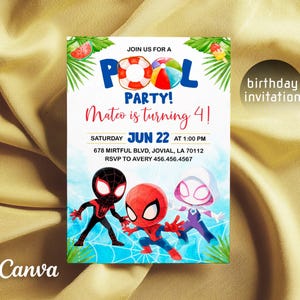 Spidey Pool Party Invitation, Editable Superhero Birthday Invite, Swim Theme Digital Download, Spiderman Water Bash Printable Template