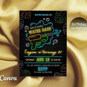 May include: A birthday invitation with a neon-style design for a backyard water bash. The invitation features a water gun graphic, the text "Backyard Water Bash", and details for the event, including the date, time, and RSVP information.