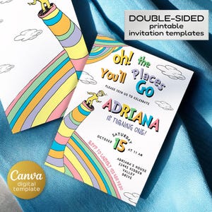 Puede incluir: Plantillas de invitación imprimibles de doble cara con un diseño colorido. La invitación presenta el texto "Oh! The Places You'll Go" y "¡Adriana cumple un año!" con una ilustración caprichosa.