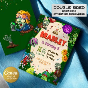 May include: Two green invitation templates with zombie illustrations. One shows a zombie with a spray can, the other has the text "Bradley is turning 5" and party details. The Canva digital template is double-sided.