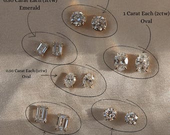 Diamond Studs - Round Oval Emerald Cut Diamond Earrings 14k Solid Gold (IGI Certified Diamonds)