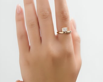 Emerald Cut Lab Diamond Solitaire Ring, Framed Bezel, Solid Gold