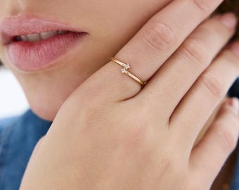 Dainty 14k Gold Lab Diamond Bypass Ring, Minimalist Stacking Ring