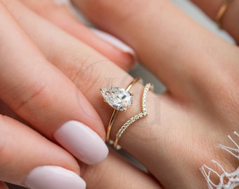 Pear Cut Moissanite Engagement Ring – Dainty 14k Gold or Sterling Silver