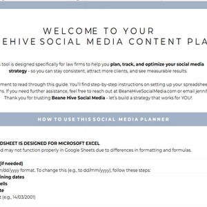 Op de afbeelding: Een digitaal document met de titel "WELCOME TO YOUR BEANEHIVE SOCIAL MEDIA CONTENT PLANNER". Het document geeft instructies aan advocatenkantoren om hun social media strategie te plannen, volgen en optimaliseren.
