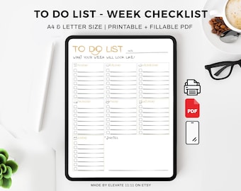 To Do List Weekly Printable, Weekly Task List Template, Weekly Planner, A4/Letter, Instant Working Download PDF for iPad On The Go