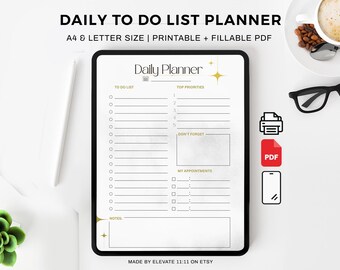 To Do List Checklist, Daily Planner, Printable Personal Daily Planner, Fillable PDF File, Instant Download, A4/Letter, Organizer List