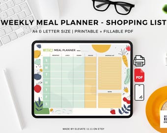 Weekly Meal Planner - Shopping Checklist, Digital Daily Food List, food Diary, Meal Tracker, Food Journal, Meal Prep Planner, To Do List