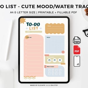 Puede incluir: Una lista de tareas imprimible con un esquema de color rosa y azul. La lista incluye secciones para tareas, notas, seguimiento del estado de ánimo y seguimiento del agua. El texto "TO-DO LIST" está en la parte superior de la página. El texto "MADE BY ELEVATE 11:11 ON ETSY" está en la parte inferior de la página.