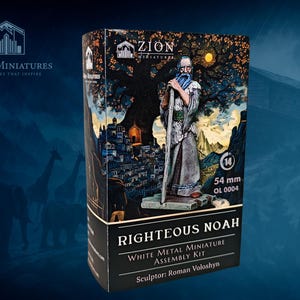 Puede incluir: Kit de montaje de miniatura de metal blanco en caja titulado "Righteous Noah". La caja presenta una ilustración detallada de una figura con un bastón, una ciudad y un árbol. La miniatura mide 54 mm.