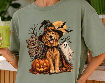 Golden Retriever Witch Halloween T-Shirt | Pumpkin, Ghost, Trick or Treat