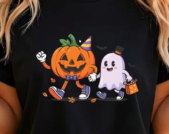 Camiseta de Halloween con diseño de calabaza y fantasma | Camiseta con estampado de bolsa de dulces | Regalo retro kawaii de Halloween