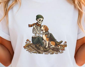 Camiseta de perro esqueleto | Camiseta de esqueleto con beagle | Regalo de otoño para amantes de los perros | Camiseta unisex con estampado de esqueleto otoñal espeluznante