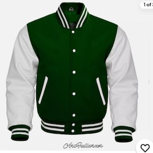 Męska kurtka baseballowa Letterman Varsity w kolorze leśnej zieleni, z wełny i białej skóry. Satynowa kurtka varsity dla mężczyzn, kurtka typu bomber z satyny, czysta...