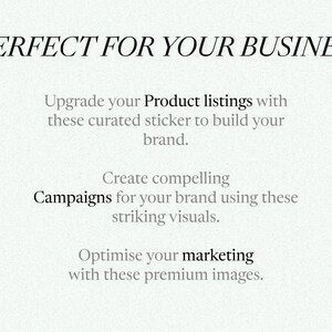 May include: Text overlay on a white background that reads "PERFECT FOR YOUR BUSINESS".  The text below reads "Upgrade your Product listings with these curated sticker to build your brand. Create compelling Campaigns for your brand using these striking visuals. Optimise your marketing with these premium images."