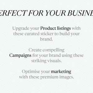 Puede incluir: Texto superpuesto sobre un fondo blanco que dice "PERFECT FOR YOUR BUSINESS". El texto debajo dice "Upgrade your Product listings with these curated sticker to build your brand. Create compelling Campaigns for your brand using these striking visuals. Optimise your marketing with these premium images."