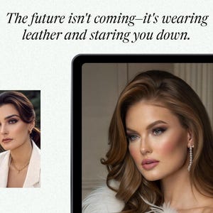 May include: A woman with long brown hair and a white fur collar is looking at the camera. She is wearing a white fur collar and has a long silver earring in her left ear.