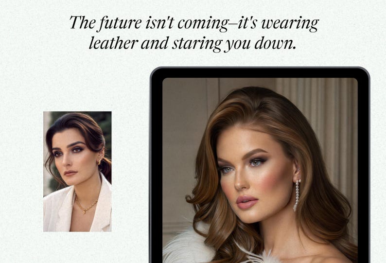 May include: A woman with long brown hair and a white fur collar is looking at the camera. She is wearing a white fur collar and has a long silver earring in her left ear.