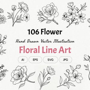 Dessin au trait floral | Dessin au trait botanique | Fleurs vecteurs JPG, Ai, EPS, SVG | Graphiques floraux de mariage | Utilisation commerciale