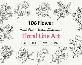 Botanical Line Art Clipart | Floral Vector Graphics (Commercial Use)