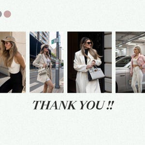 May include: A collage of five images featuring women wearing different outfits. The first image shows a woman wearing a white top and black pants. The second image shows a woman wearing a white top and black pants. The third image shows a woman wearing a beige blazer and white shorts. The fourth image shows a woman wearing a white coat and black pants. The fifth image shows a woman wearing a pink jacket and white pants.