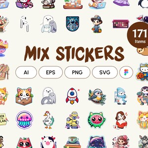 171 Cute Mixed Colors Sticker Lot | Book Fun Pack | Aesthetic Laptop & Car Decals | Png, AI, EPS, SVG Digital Download