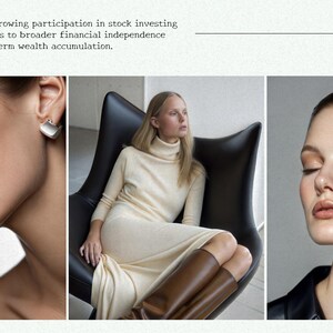 May include: Three images of women with different hairstyles and makeup. The first image shows a woman with a close-up of her face, wearing silver earrings. The second image shows a woman sitting in a black chair, wearing a white turtleneck sweater and brown boots. The third image shows a woman with her eyes closed, wearing a black leather jacket.