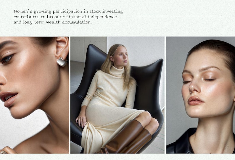 May include: Three images of women with different hairstyles and makeup. The first image shows a woman with a close-up of her face, wearing silver earrings. The second image shows a woman sitting in a black chair, wearing a white turtleneck sweater and brown boots. The third image shows a woman with her eyes closed, wearing a black leather jacket.