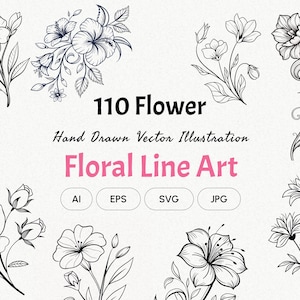 Dessin au trait floral | Dessin au trait botanique | Fleurs vecteurs JPG, Ai, EPS, SVG | Graphiques floraux de mariage | Utilisation commerciale