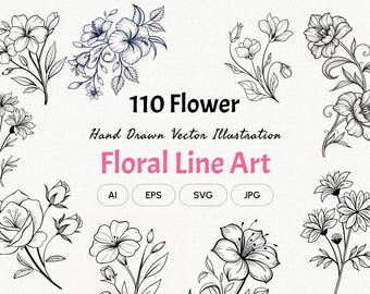 Floral Line Art Clipart | Botanical Vector Flowers (Commercial Use)