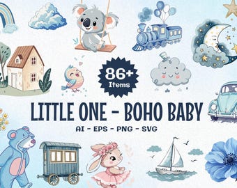 Boho Baby Clipart Bundle: Aquarell Tier Doodles (Digitaler Download)
