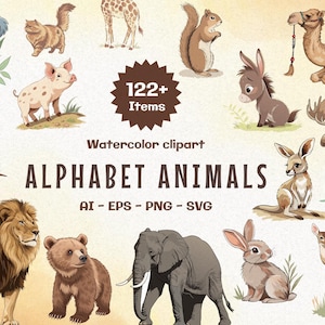 Watercolor Cute Animals Clipart | 122 Cute Animal PNG, Ai, EPS, SVG Files | Watercolor Baby Animals Bundle | Printable Clipart