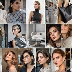 May include: A collage of images featuring women wearing various clothing styles, including a white turtleneck sweater, a plaid sweater, a black tank top, a beige jumpsuit, and a white sweater. The images also include a black leather tote bag, a silver metallic dress, and a white sofa.