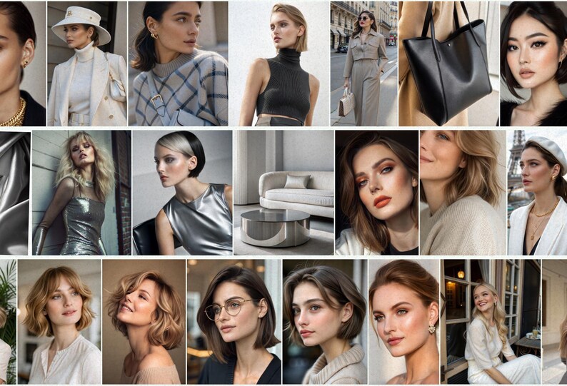 May include: A collage of images featuring women wearing various clothing styles, including a white turtleneck sweater, a plaid sweater, a black tank top, a beige jumpsuit, and a white sweater. The images also include a black leather tote bag, a silver metallic dress, and a white sofa.