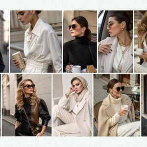 May include: A collage of ten images featuring women wearing different styles of clothing, including a white button-down shirt, a black turtleneck sweater, a beige coat, and a black leather jacket. The women are all wearing sunglasses and some are holding coffee cups.