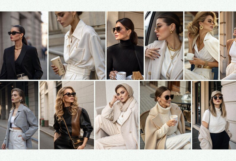 May include: A collage of ten images featuring women wearing different styles of clothing, including a white button-down shirt, a black turtleneck sweater, a beige coat, and a black leather jacket. The women are all wearing sunglasses and some are holding coffee cups.