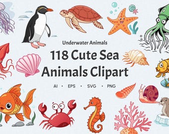 Clipart animaux marins mignons | Animaux sous-marins PNG, AI, EPS, fichiers Svg | Ensemble chambre d'enfant océan avec | Utilisation commerciale incluse