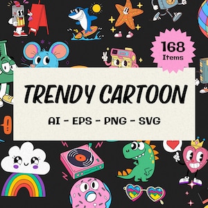 Trendy Cartoon Illustrations Set, Cute Character Clipart Bundle, Aesthetic Doodles, Kawaii Art, Digital Download for Stickers & More