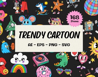 Cartoon Illustration Clipart Bundle: Kawaii Doodles (PNG, SVG Digital Download)