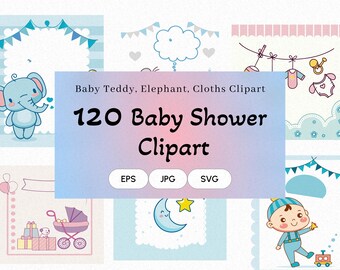 Lot de cliparts baby shower : rose, bleu, art neutre (fichiers 120 SVG, JPG, EPS)