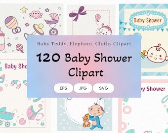 Lot de cliparts baby shower : rose, bleu, art neutre (fichiers 120 SVG, JPG, EPS)