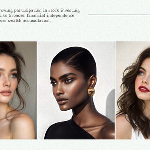 Puede incluir: Tres mujeres con diferentes tonos de piel y peinados. Cada mujer lleva maquillaje y mira a la c&aacute;mara.