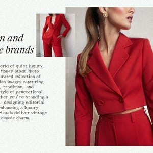 May include: A woman wearing a red cropped blazer and matching pants. The blazer has a double-breasted closure and the pants have a high waist. The woman is standing in front of a white background.