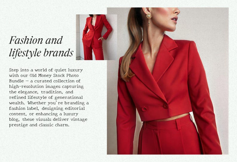 May include: A woman wearing a red cropped blazer and matching pants. The blazer has a double-breasted closure and the pants have a high waist. The woman is standing in front of a white background.