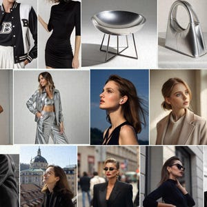 Puede incluir: Un collage de im&aacute;genes con objetos plateados y met&aacute;licos, incluyendo un cuenco plateado, un bolso plateado, un sof&aacute; plateado y un mono plateado. El collage tambi&eacute;n incluye im&aacute;genes de personas que llevan ropa y accesorios plateados.