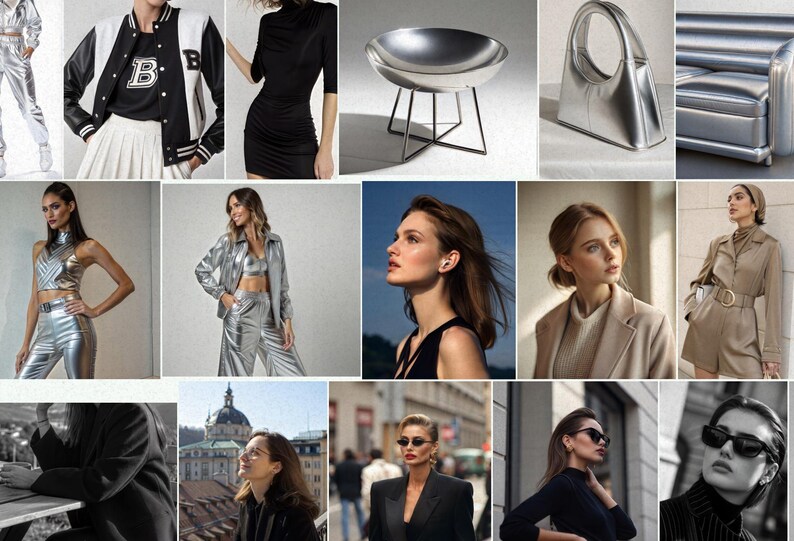 Puede incluir: Un collage de im&aacute;genes con objetos plateados y met&aacute;licos, incluyendo un cuenco plateado, un bolso plateado, un sof&aacute; plateado y un mono plateado. El collage tambi&eacute;n incluye im&aacute;genes de personas que llevan ropa y accesorios plateados.