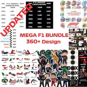 May include: A digital art bundle featuring Formula 1 racing themes. Includes driver's helmets, logos, race tracks, and driver illustrations. The image also contains text that reads "MEGA F1 BUNDLE 360+ Design" and "F1 2025 Drivers".